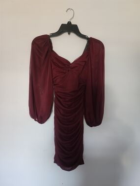 Burgundy Puff-Sleeve Ruched Midi Dress